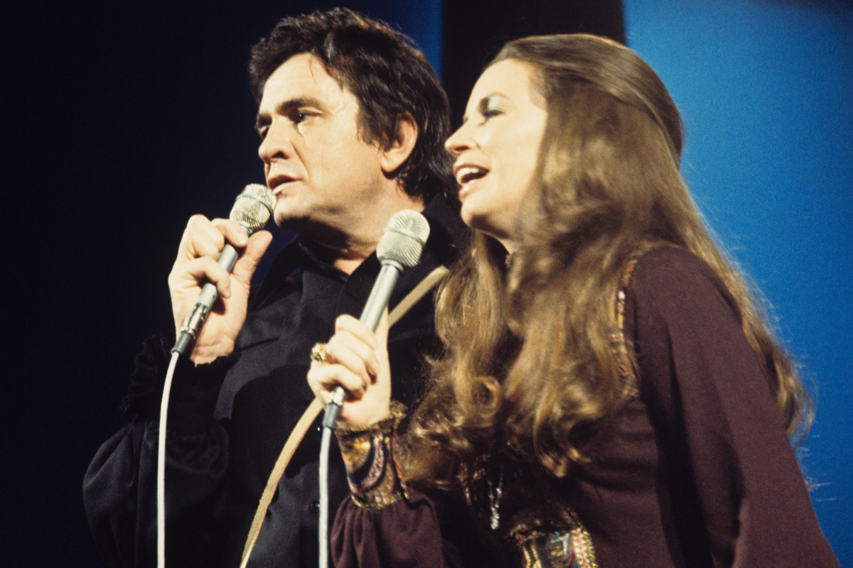 Johnny Cash and June Carter perform on stage at Concertgebouw in 1972 in Amsterdam, Netherlands.
