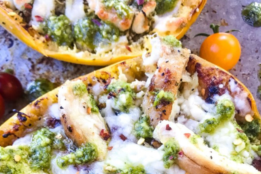 oLow carb cheesy chicken pesto spaghetti squash