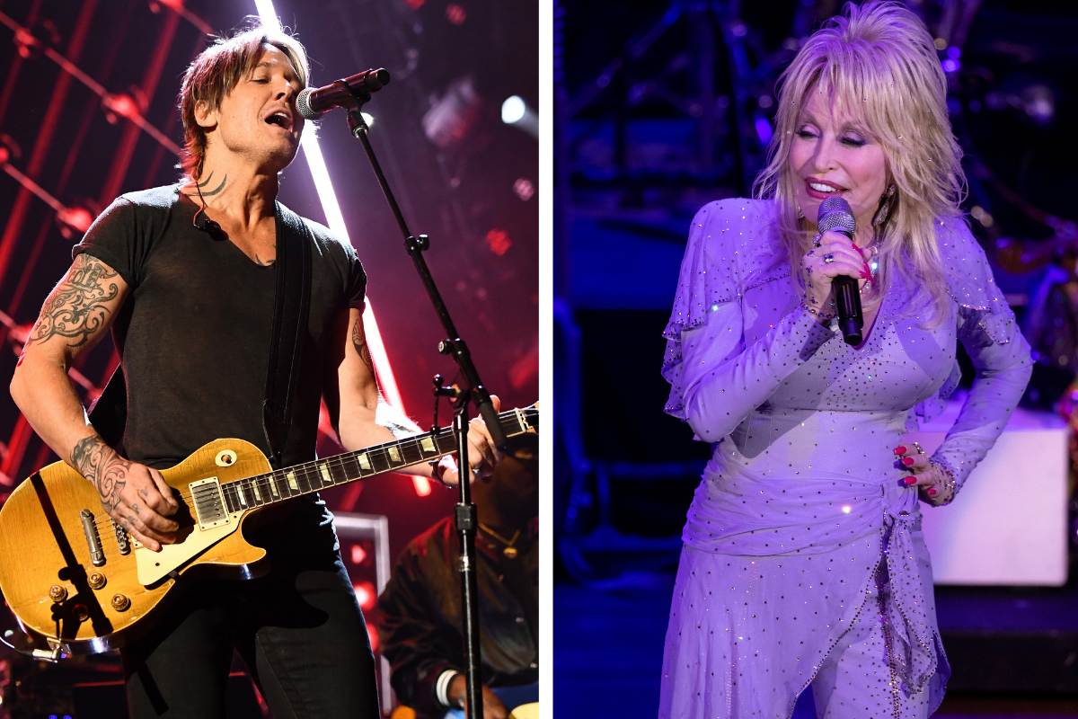 Keith Urban performs onstage during the 36th Annual Rock & Roll Hall Of Fame Induction Ceremony at Rocket Mortgage Fieldhouse on October 30, 2021 in Cleveland, Ohio. / Parton performs during The Gift Of Music Concert at Ryman Auditorium on January 30, 2020 in Nashville, Tennessee.