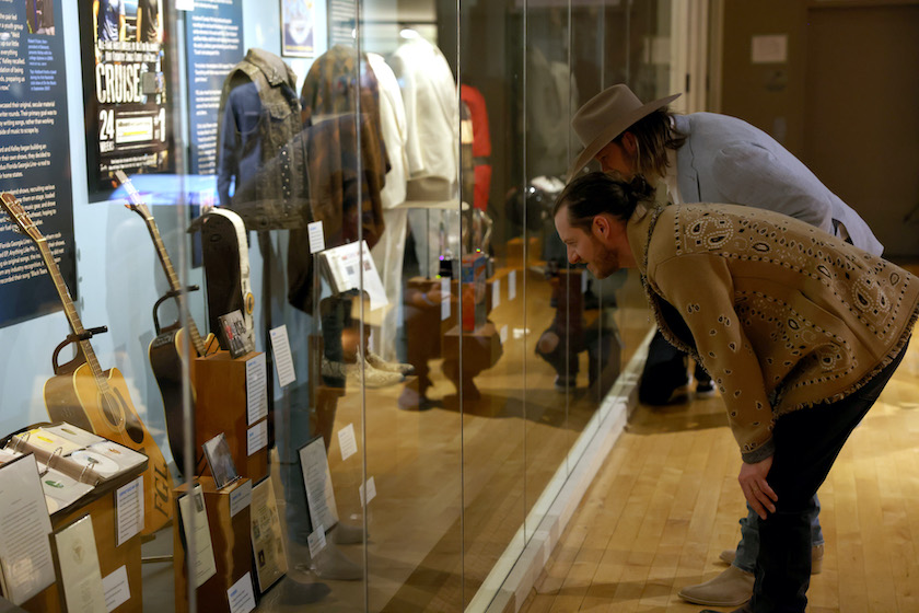 Tyler Hubbard and Brian Kelley of Florida Georgia Line admire the Florida Georgia Line: Mix It Up Strong exhibit opening day at the Country Music Hall of Fame and Museum on Feb. 06, 2022 in Nashville.