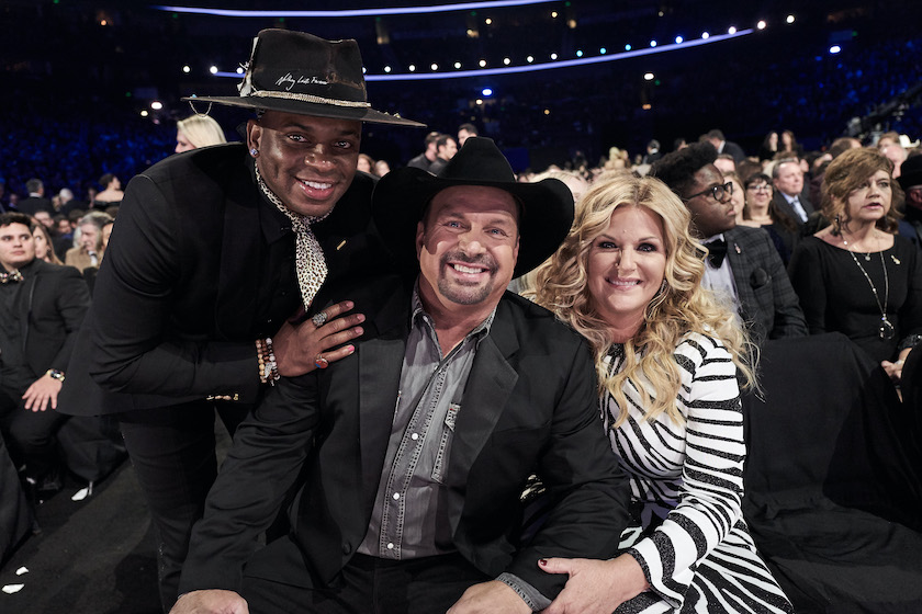 (L-R) Jimmie Allen, Garth Brooks, and Trisha Yearwood attend the 53rd annual CMA Awards at the Bridgestone Arena on November 13, 2019 in Nashville.
