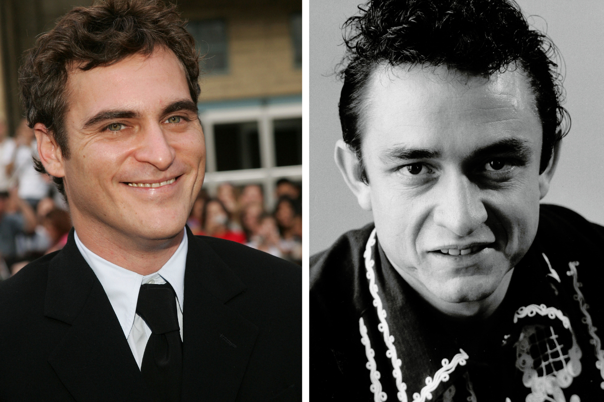 Actor Joaquin Phoenix attends the gala premiere of "Walk The Line" at Roy Thomson Hall during the 2005 Toronto International Film Festival September 13, 2005 in Toronto, Ontario, Canada. (Photo by Evan Agostini/Getty Images)/ Country singer/songwriter Johnny Cash poses for a portrait in circa 1957. (Photo by Michael Ochs Archives/Getty Images)