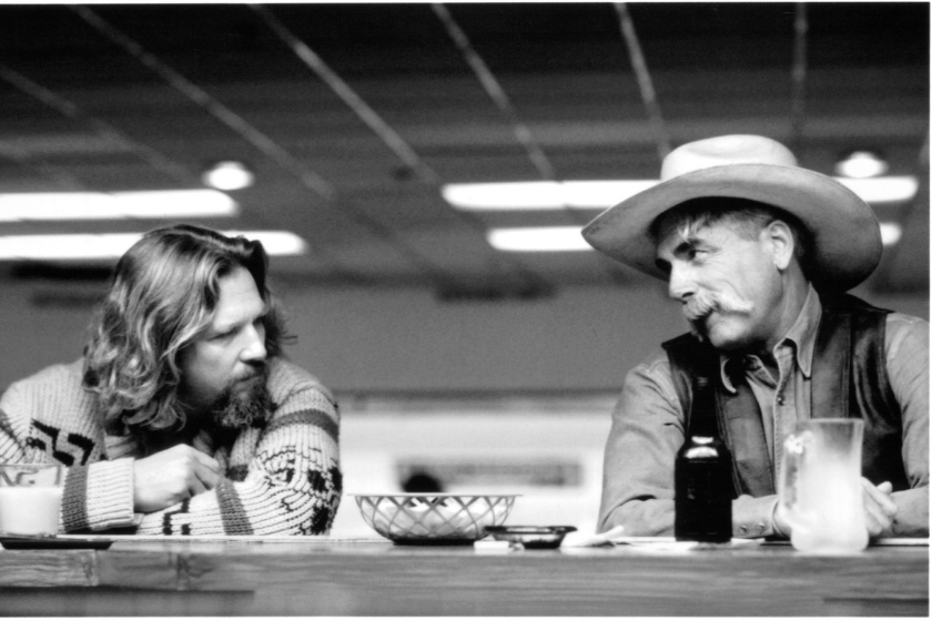 Jeff Bridges and actor Sam Elliott on set of the Gramercy Pictures movie "The Big Lebowski " circa 1998