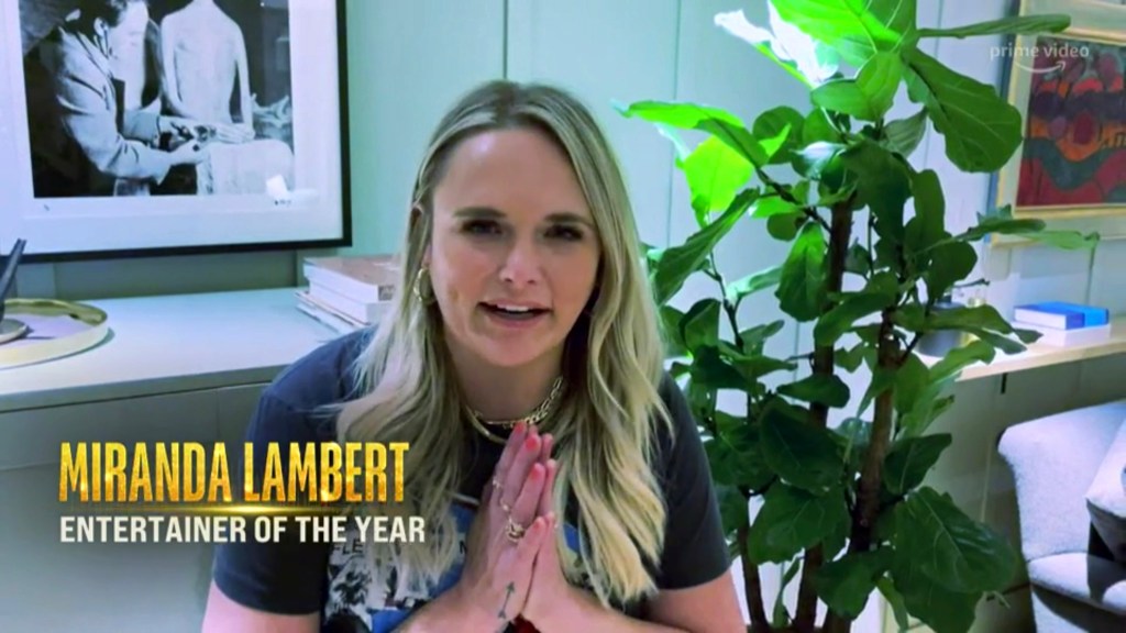 LAS VEGAS, NEVADA - MARCH 07: In this screengrab, Miranda Lambert accepts the 'Entertainer of the Year' award via video stream during the 57th Academy of Country Music Awards at Allegiant Stadium on March 07, 2022 in Las Vegas, Nevada. (Photo by Arturo Holmes/ACMA2022/Getty Images for ACM)
