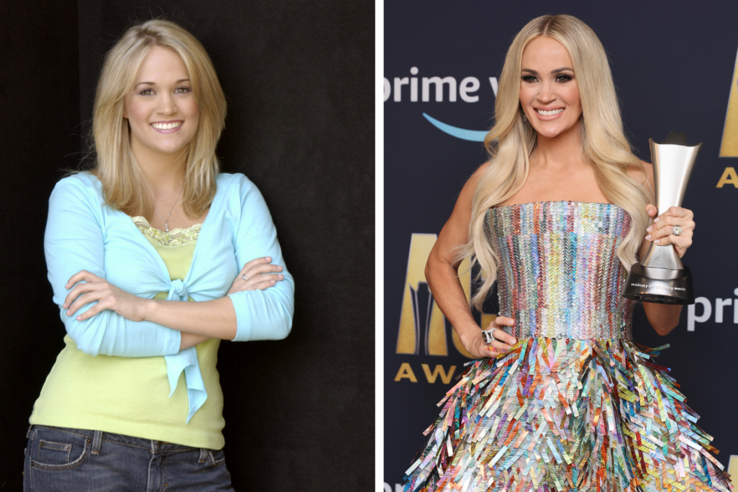 "American Idol" Season 4 - Top 24 Semifinalist, Carrie Underwood, 21, Checotah, Oklahoma (Photo by Ray Mickshaw/WireImage)/ Carrie Underwood, winner of the Single of the Year award for 'If I Didn’t Love You', poses in the press room during the 57th Academy of Country Music Awards at Allegiant Stadium on March 07, 2022 in Las Vegas, Nevada. (Photo by Mike Coppola/Getty Images)