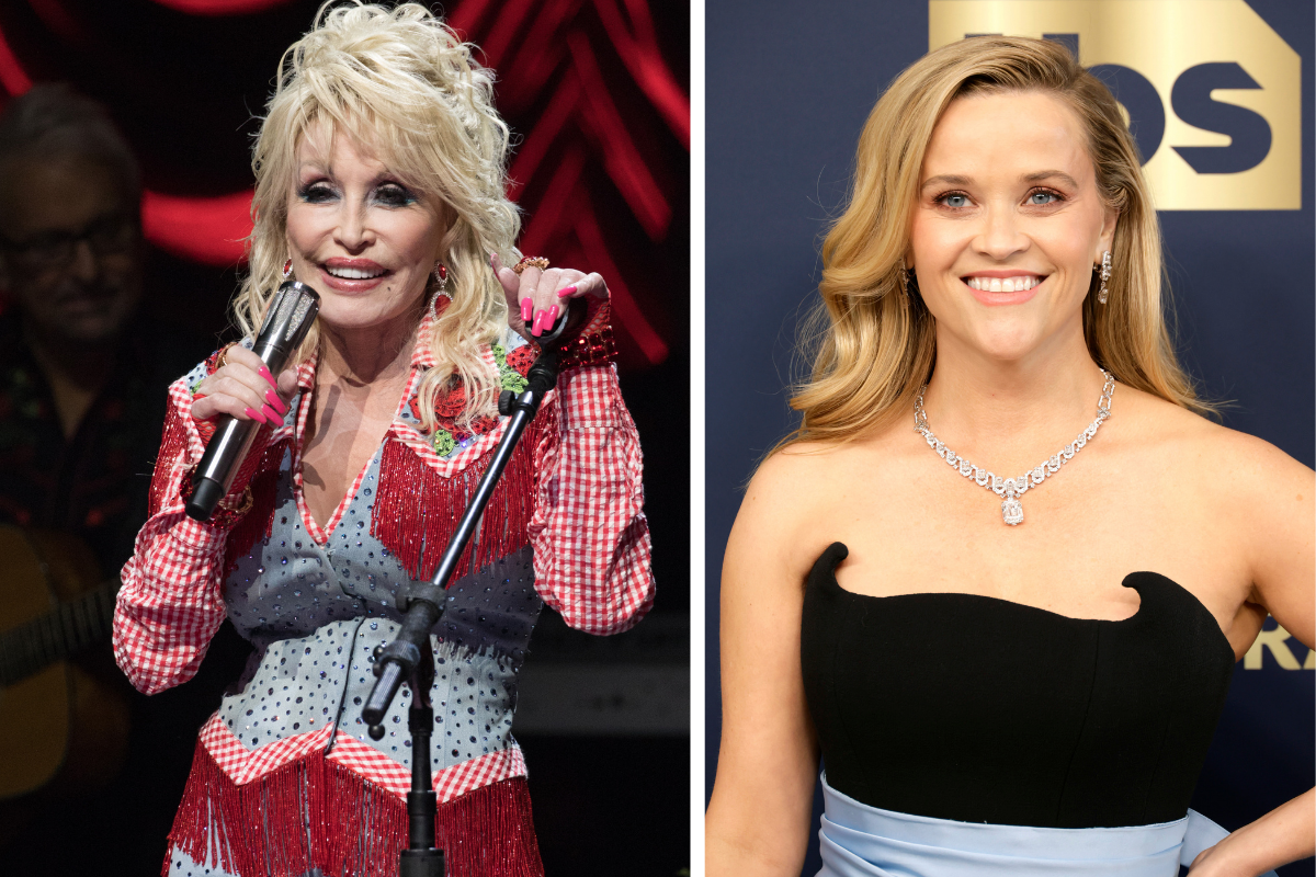 Reese Witherspoon attends the 28th Annual Screen Actors Guild Awards at Barker Hangar on February 27, 2022 in Santa Monica, California./ Dolly Parton performs onstage at "Dollyverse Powered By Blockchain Creative Labs on Eluv.io" during the 2022 SXSW Conference And Festival at ACL Live at The Moody Theater on March 18, 2022 in Austin, Texas.