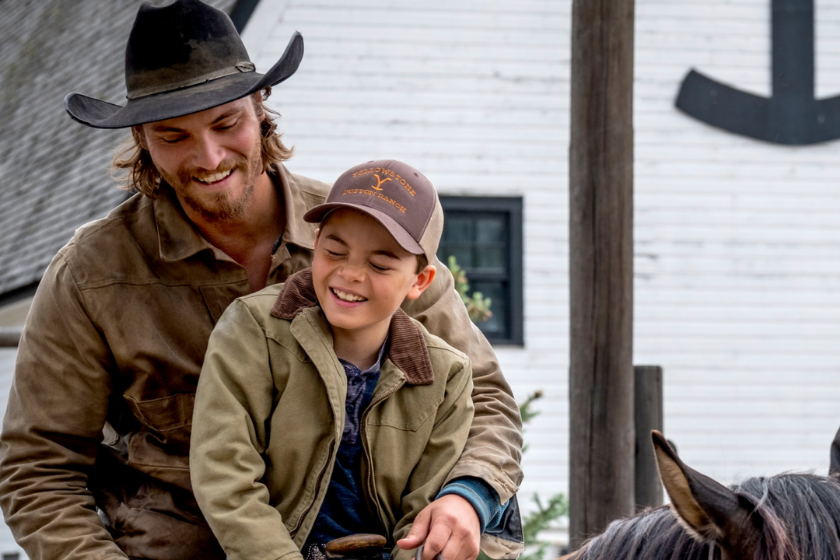 Luke Grimes as Kayce Dutton and Breckin Merrell as Tate Dutton on 'Yellowstone'