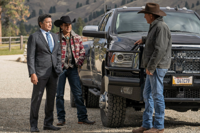 Gil Birmingham as Thomas Rainwater, Moses Brings Plenty as Mo, and Kevin Costner as John Dutton. Episode 5 of Yellowstone - 