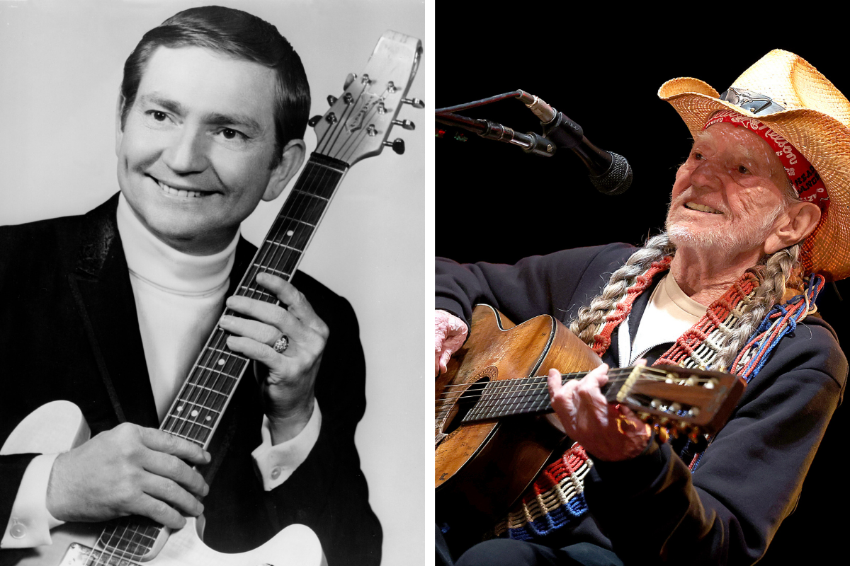 Country singer/songwriter Willie Nelson poses for a portrait with an electric guitar in circa 1967. / Willie Nelson performs in concert at Luck Ranch on March 26, 2022 in Spicewood, Texas.