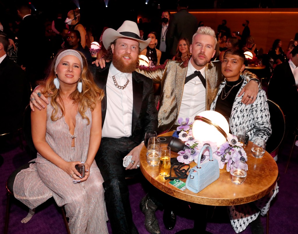  (L-R) Lucie Silvas, John Osborne and T.J. Osborne of Brothers Osborne, and Abi Ventura during the 64th Annual GRAMMY Awards at MGM Grand Garden Arena on April 03, 2022 in Las Vegas, Nevada. 