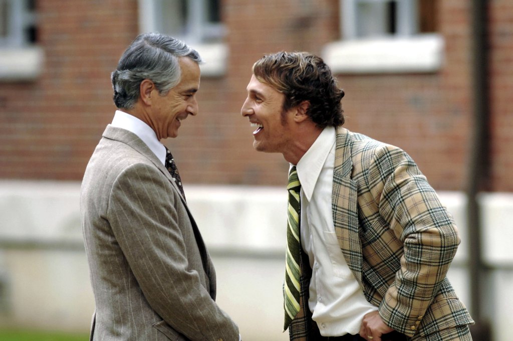 Actors David Strathairn (L) and Matthew McConaughey talk during filming of the upcoming film "We Are... Marshall" on the Marshall University campus April 21, 2006 in Huntington, West Virginia. The movie is the story of the recovery that followed the 1970 Marshall University football team plane crash that killed 75 people. McConaughey stars as Jack Lengyel, who coached the Thundering Herd football team for four years after the crash.