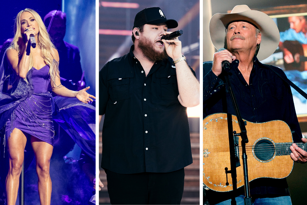 Carrie Underwood performs onstage during the 64th annual GRAMMY awards on April 03, 2022 in Las Vegas, Nevada./ Luke Combs performs onstage for the 2021 CMT Music Awards in Nashville, Tennessee and broadcast on June 9, 2021./ Alan Jackson performs onstage at the 56th Academy of Country Music Awards at the Ryman Auditorium on April 18, 2021 in Nashville, Tennessee.