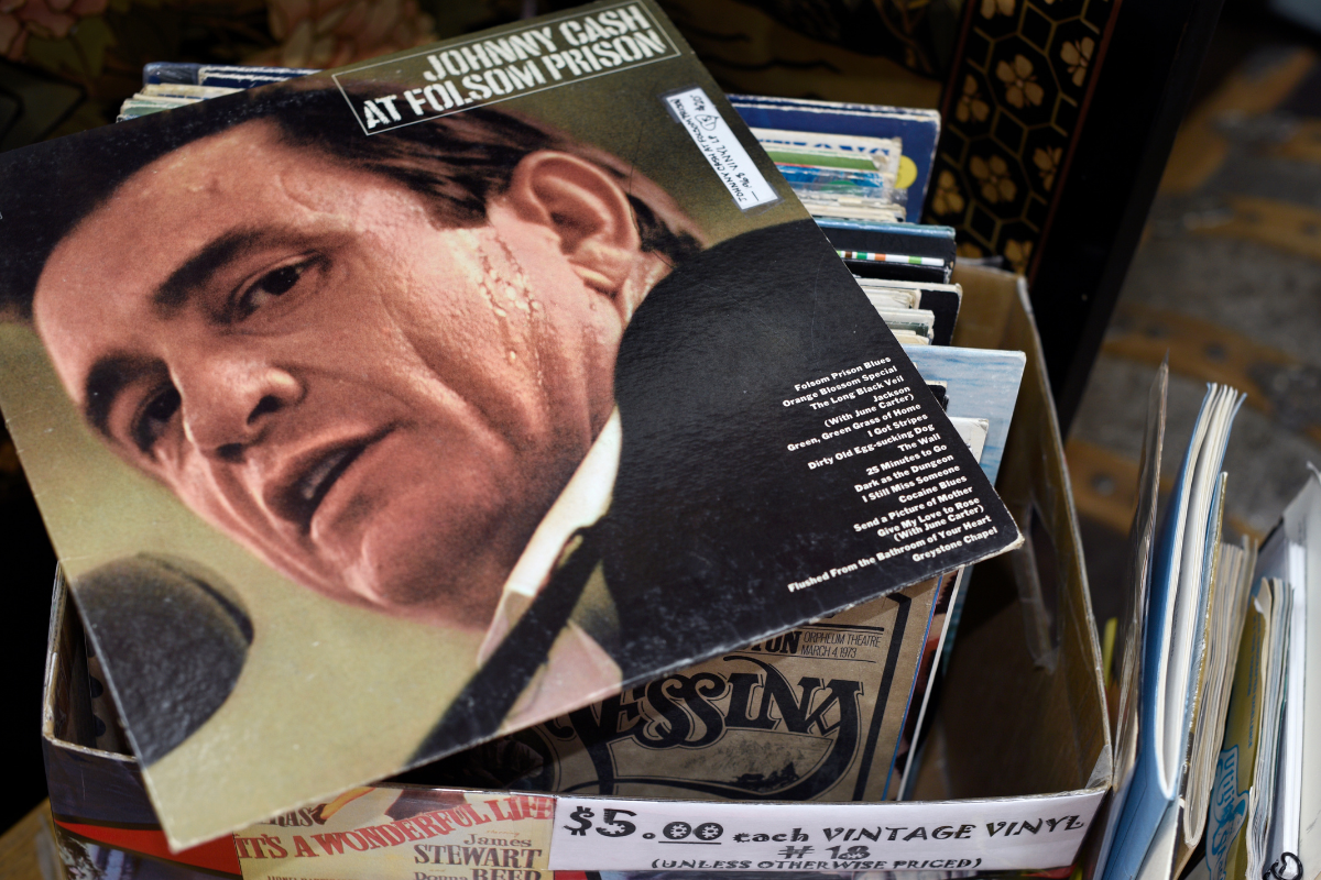 A copy of the record album, 'Johnny Cash at Folsom Prison', for sale at an antique shop in Santa Fe, New Mexico. The vinyl record was released by Columbia Records in 1968.