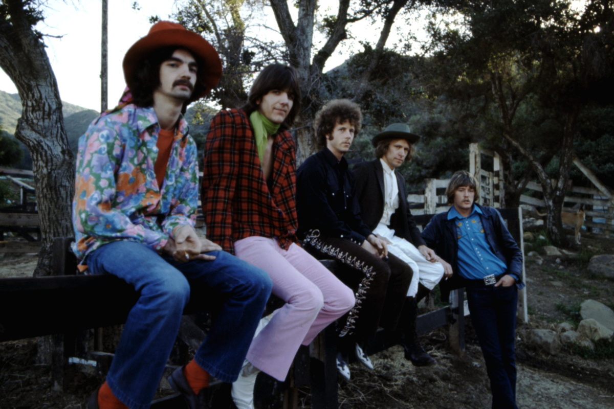 (L-R) Bassist Chris Ethridge, singer Gram Parsons, guitarist Chris Hillman, pedal steel player "Sneaky" Pete Kleinow, and drummer Michael Clarke of the country rock band "The Flying Burrito Brothers" pose for a portrait session in 1968.