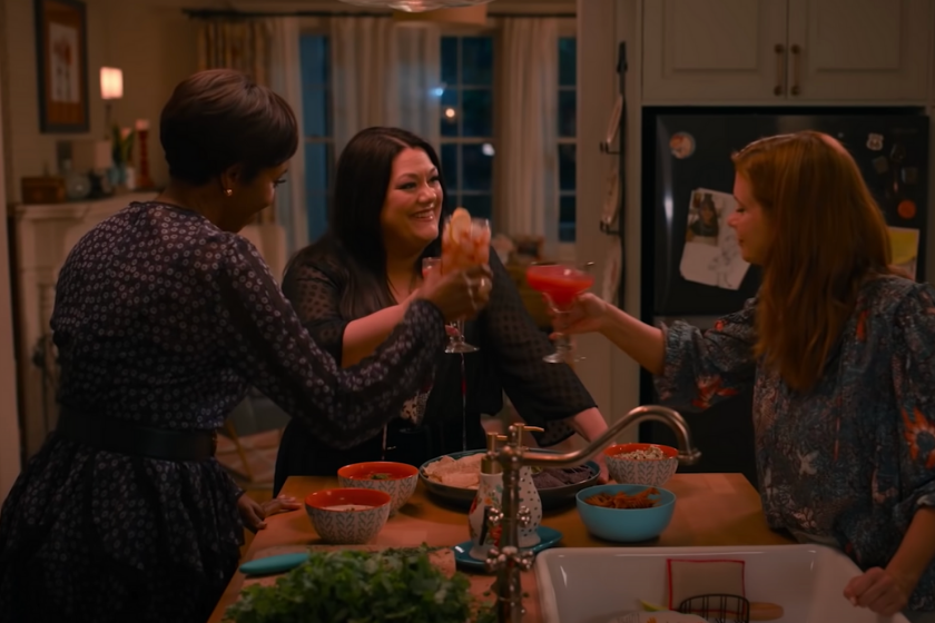 Maddie Townsend (Joanna Garcia Swisher), chef and restaurant owner Dana Sue Sullivan (Brooke Elliott) and lawyer Helen Decatur (Heather Headley) holding margaritas in scene from 'Sweet Magnolias'
