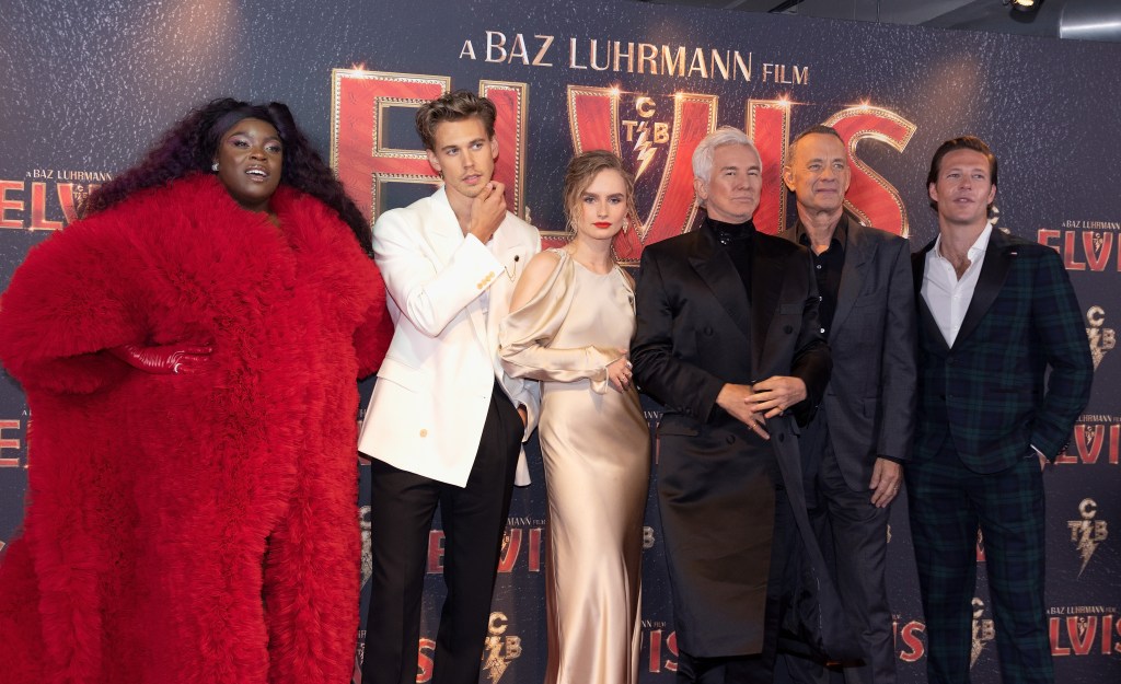 Yola, Austin Butler, Olivia DeJonge, Baz Luhrmann, Tom Hanks and Luke Bracey attend the "Elvis" UK Special Screening - VIP Access Red Carpet Arrivals at BFI Southbank on May 31, 2022 in London, England.