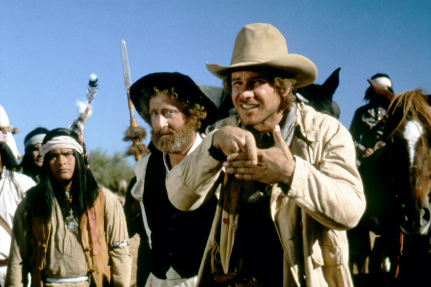 American actors Gene Wilder and Harrison Ford on the set of The Frisco Kid directed by Robert Aldrich.