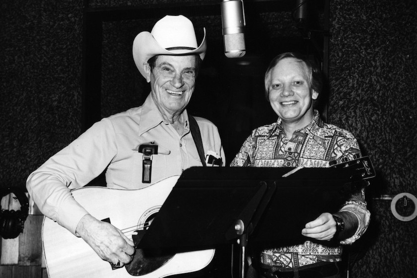 Ernest Tubb and Pete Drake in the studio, circa 1979