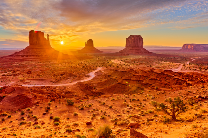 The mittens geologic feature in Monument Valley tribal park in Arizona at sunrise