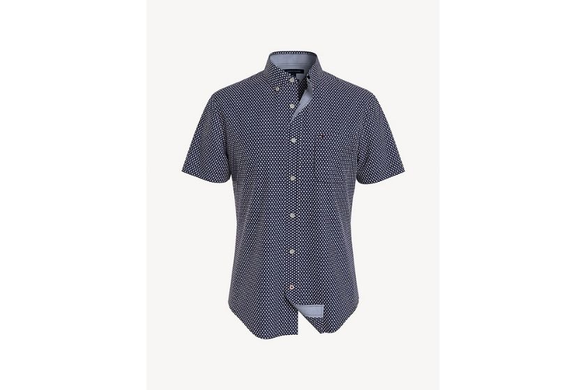 What to Wear to Outdoor Concerts - polka dot blue shirt with white dots (button up with short sleeves)