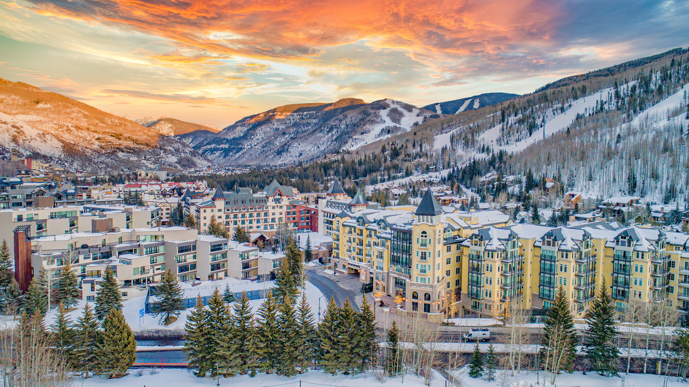 Vail, Colorado, USA Downtown Drone Mountains Aerial.