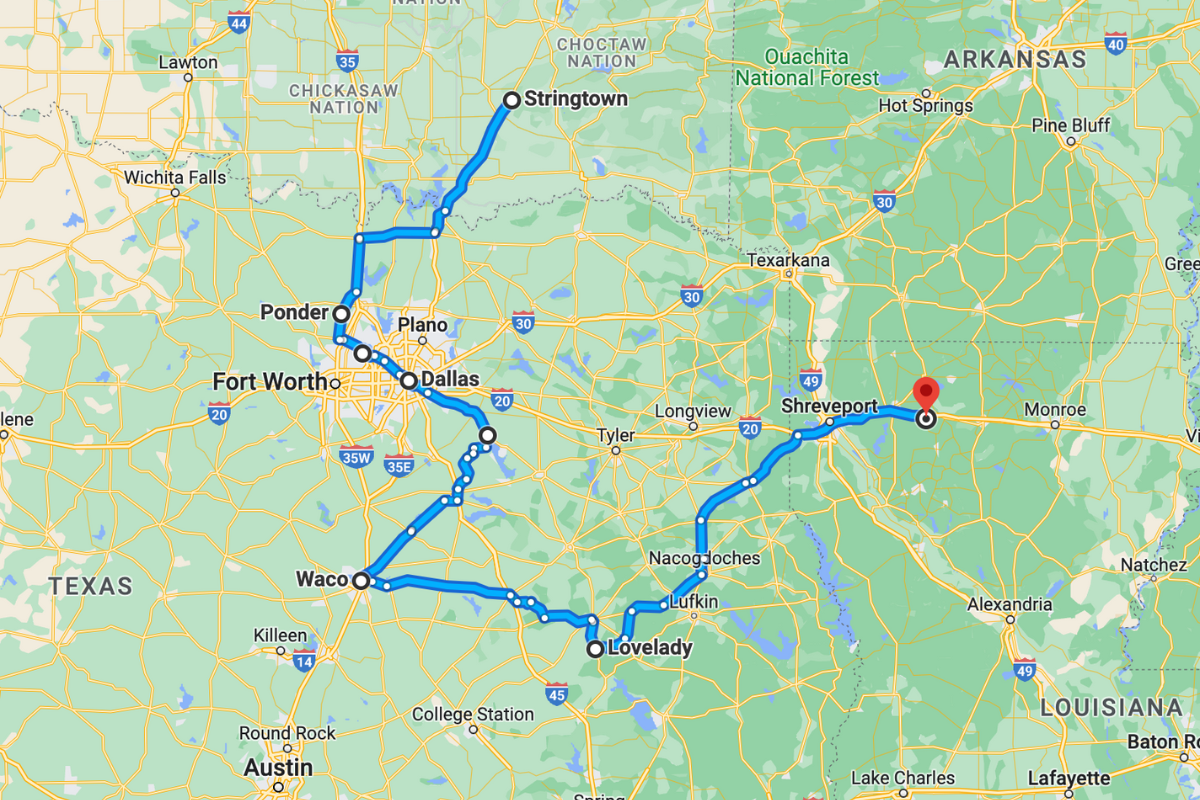 Map from Oklahoma to Texas to Louisiana visiting Bonnie and Clyde sites