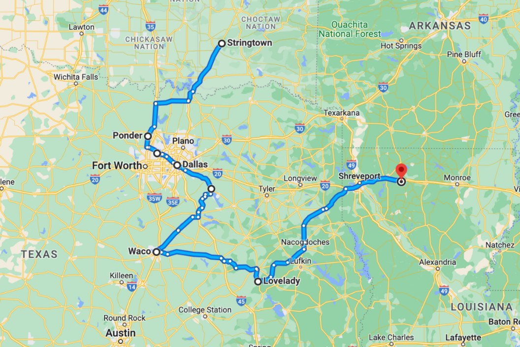 Map from Oklahoma to Texas to Louisiana visiting Bonnie and Clyde sites