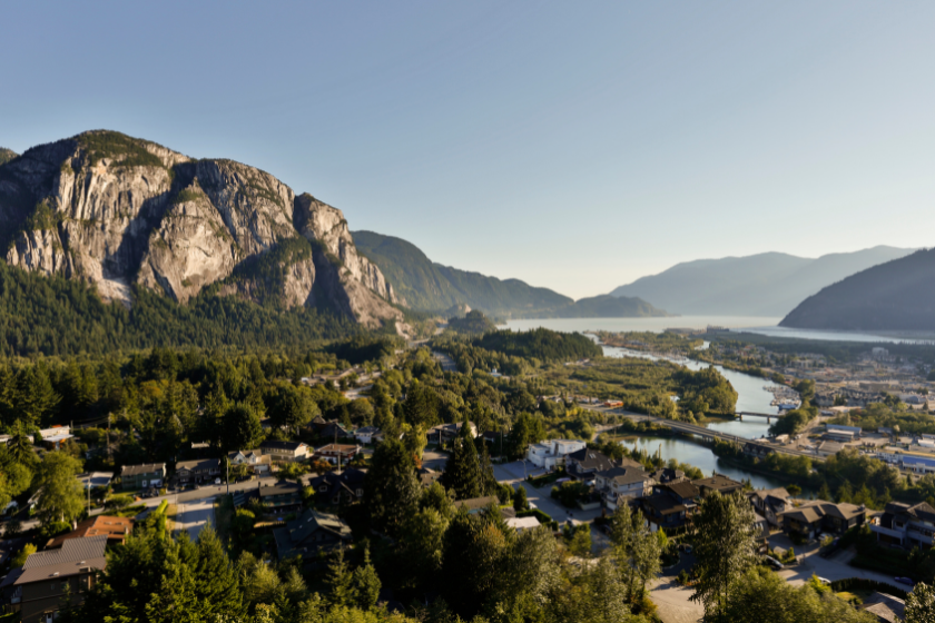 view of stawamus chief provincial park and squamish river estuary