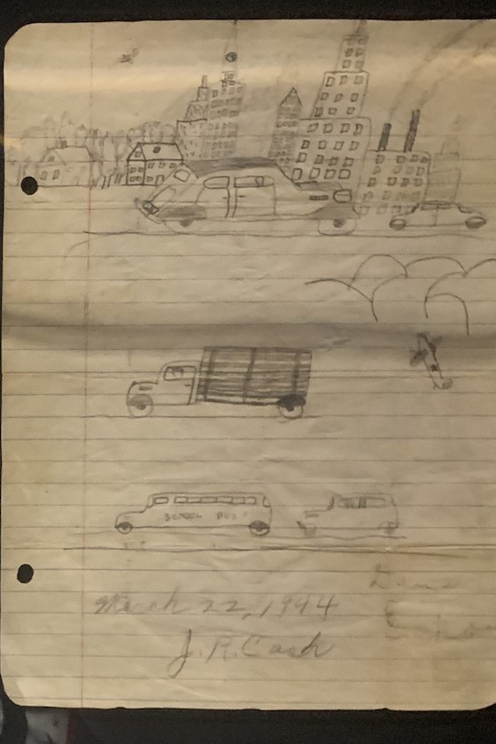 Childhood artwork of Johnny Cash which depicts a big city.