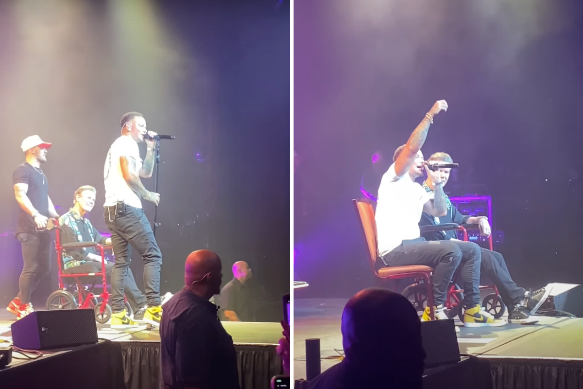 Screengrabs of Kane Brown's "Three Wooden Crosses" performance with Randy Travis.