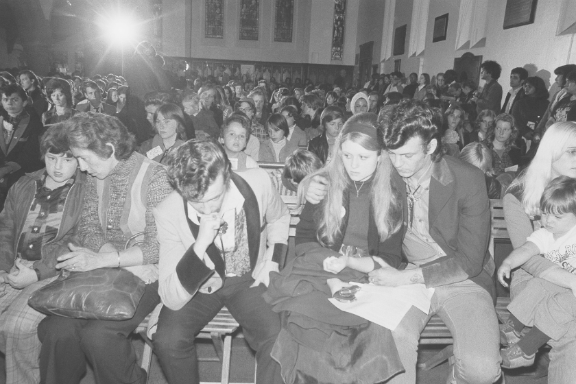 A teddy boy is overcome with emotion at a memorial service for Elvis Presley, August 1977