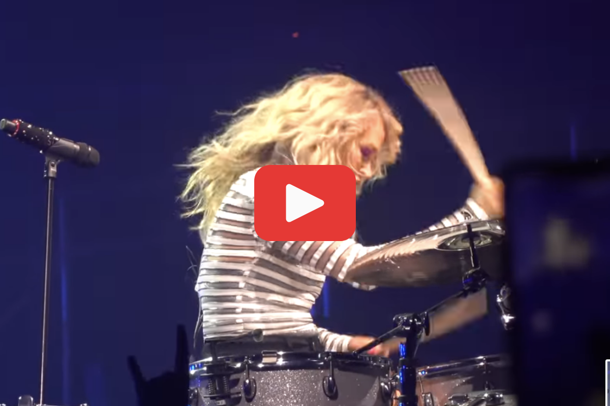 Screengrab of Carrie Underwood's drum solo during the first night of her Denim & Rhinestones Tour.