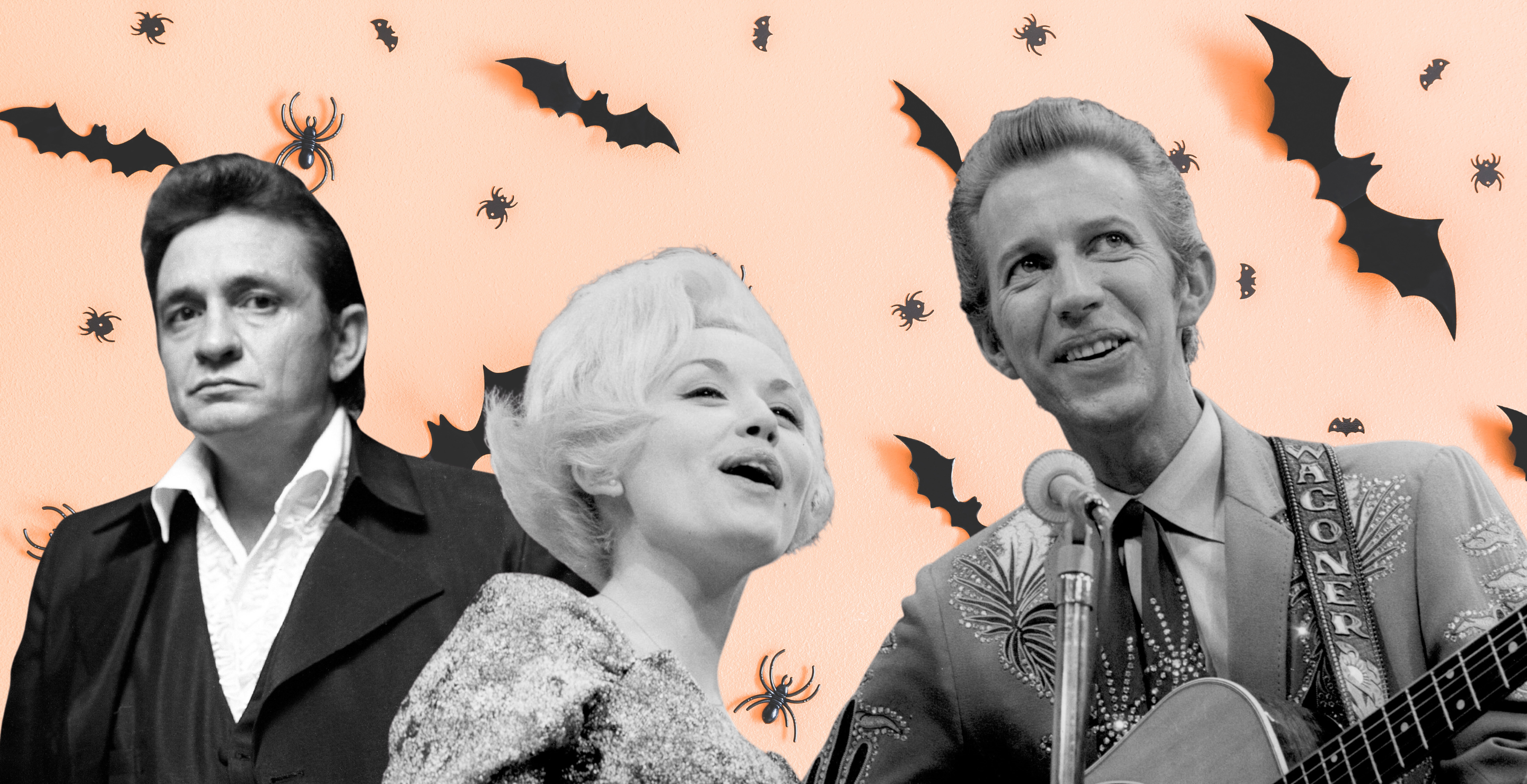 LOS ANGELES - DECEMBER 1970: Country singer/songwriter Johnny Cash attends an event in December 1970 in Los Angeles, California and CIRCA 1967: Country singer Dolly Parton and her collaborator Porter Wagoner perform onstage in circa 1967. Mr. Wagoner is wearing a Nudie Suit designed by Nudie Cohn of Nudie's Rodeo Tailors. Halloween background via Canva Pro