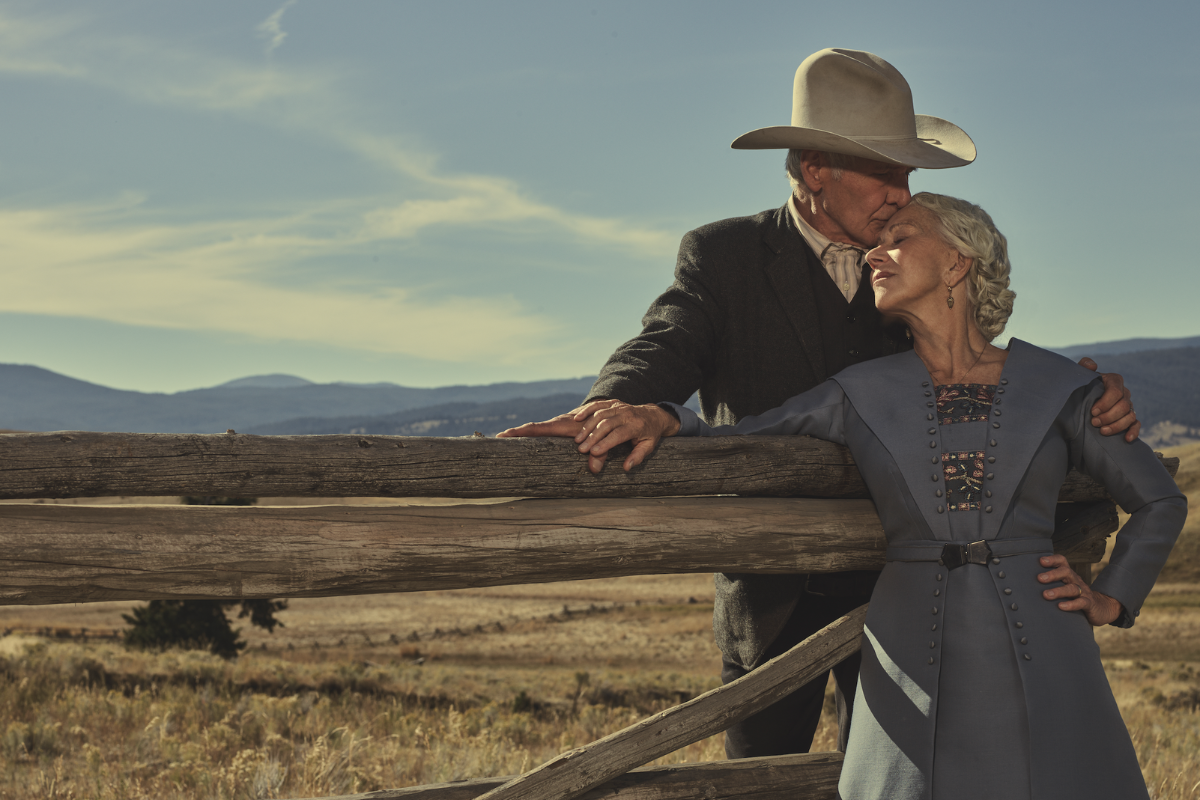 Harrison Ford as Jacob Dutton and Helen MIrren as Cara Dutton in 1923 streaming on Paramount+ 2022