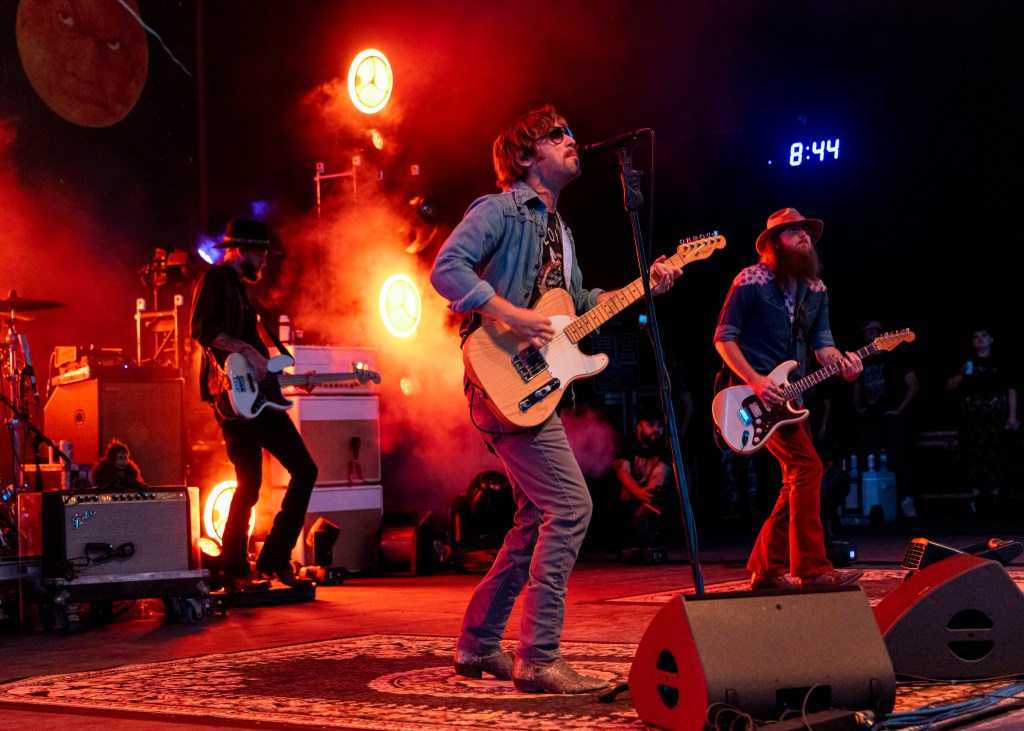 STERLING HEIGHTS, MICHIGAN - MAY 21: Cody Cannon (C) of Whiskey Myers performs at Michigan Lottery Amphitheatre on May 21, 2022 in Sterling Heights, Michigan.