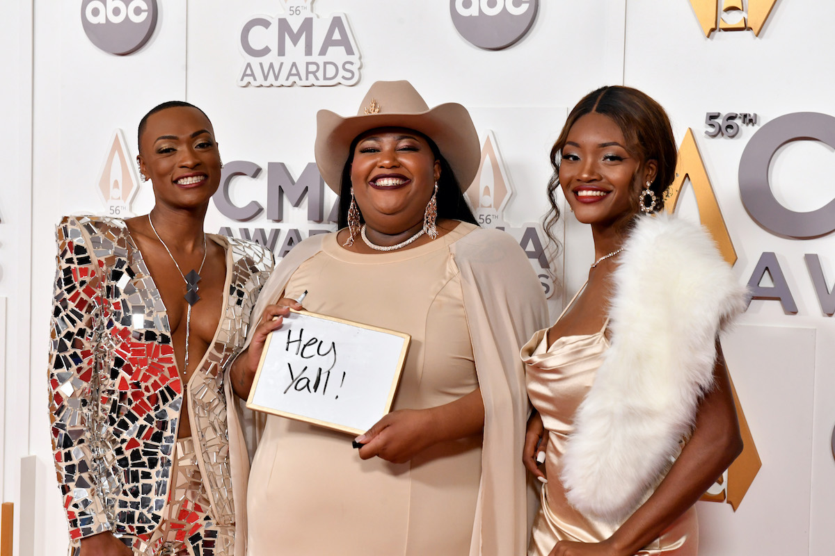 NASHVILLE, TENNESSEE - NOVEMBER 09: (L-R) Trea Swindle, Danica Hart, and Devynn Hart of Chapel Hart attend The 56th Annual CMA Awards at Bridgestone Arena on November 09, 2022 in Nashville, Tennessee.