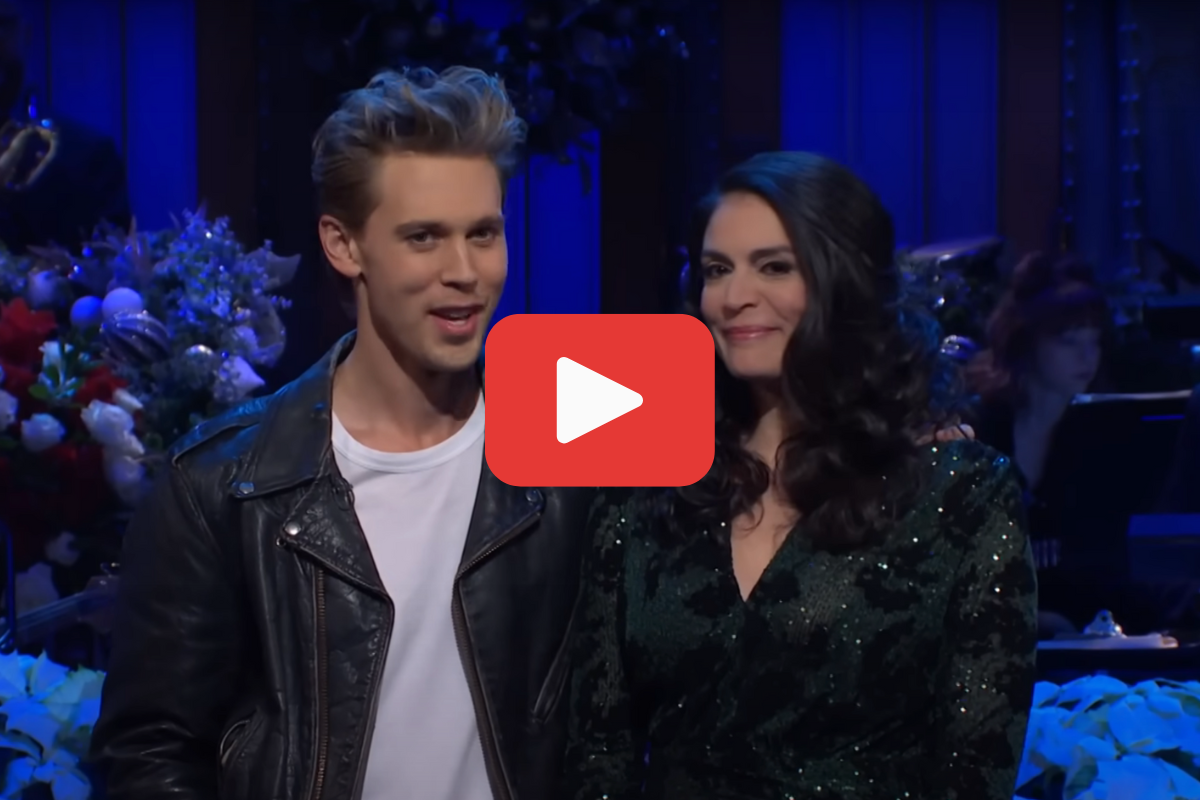 Screengrab of Austin Butler's "Blue Christmas" duet with departing 'Saturday Night Live' cast member Cecily Strong