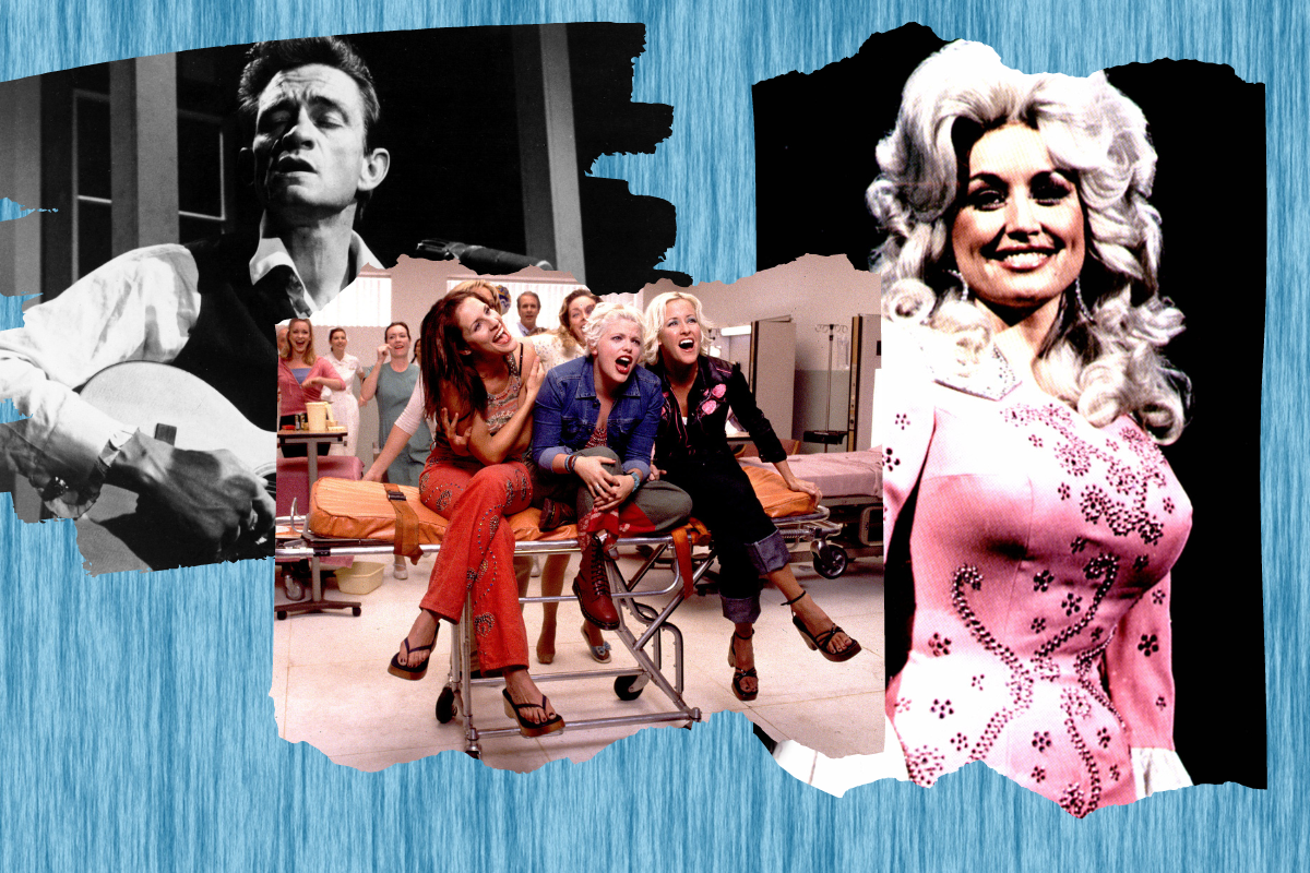 (L) American rock and country singer-songwriter Johnny Cash (1932 - 2003), circa 1965., Center: Dixie Chicks on the set of their video shoot for the song "Goodby Earl" on 2/12/00 in Los Angeles, Ca, (R) Dolly Parton in the '70s