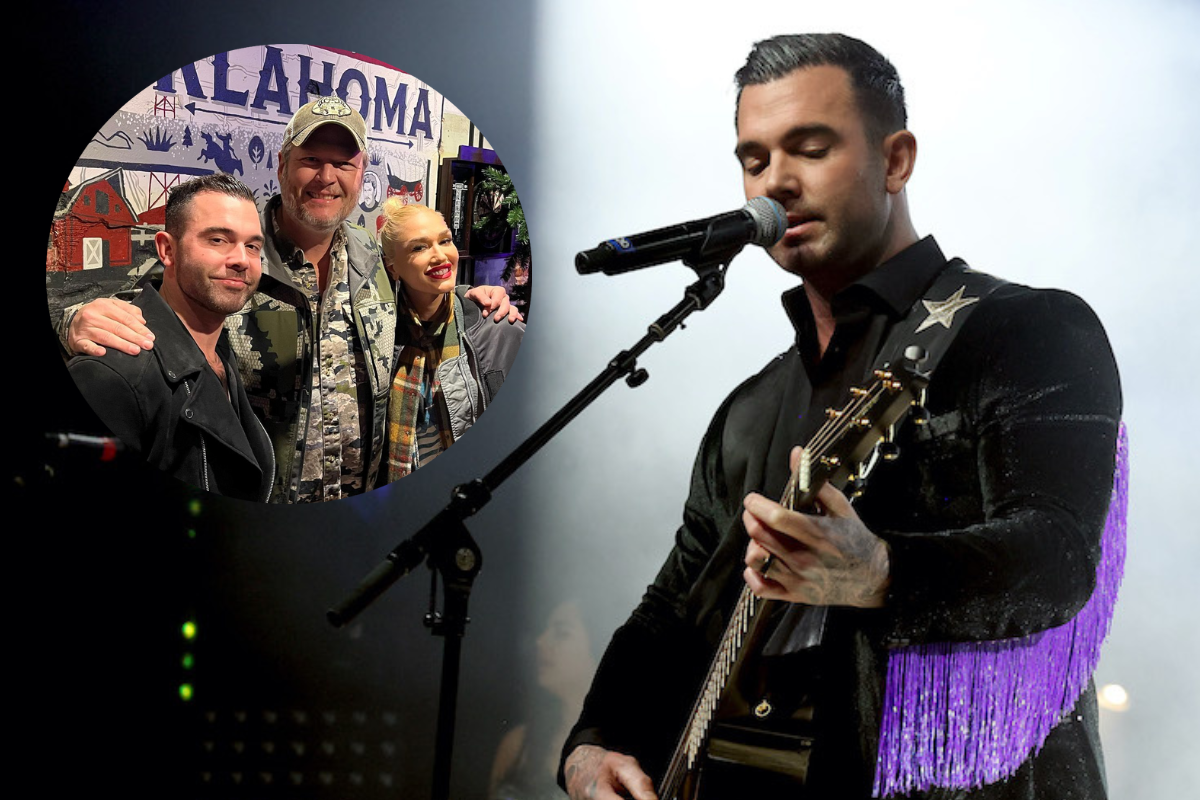 Photo of Jay Allen with Blake Shelton and Gwen Stefani paired with a live shot of Allen.