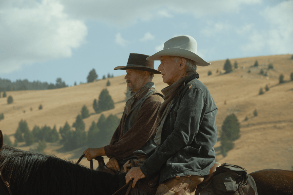 James Badge Dale as John Dutton Sr. and Harrison Ford as Jacob Dutton of the Paramount+ series 1923