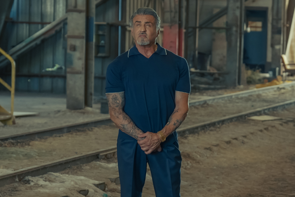 Sylvester Stallone as Dwight "The General" Manfredi, Dashiell Connery as Clint, and Garrett Hedlund as Mitch Keller of the Paramount+ original series TULSA KING