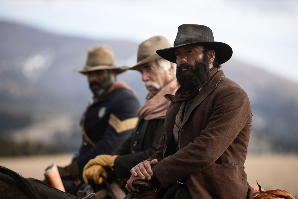 Tim McGraw as James, Sam Elliott as Shea and LaMonica Garrett as Thomas of the Paramount+ original series 1883