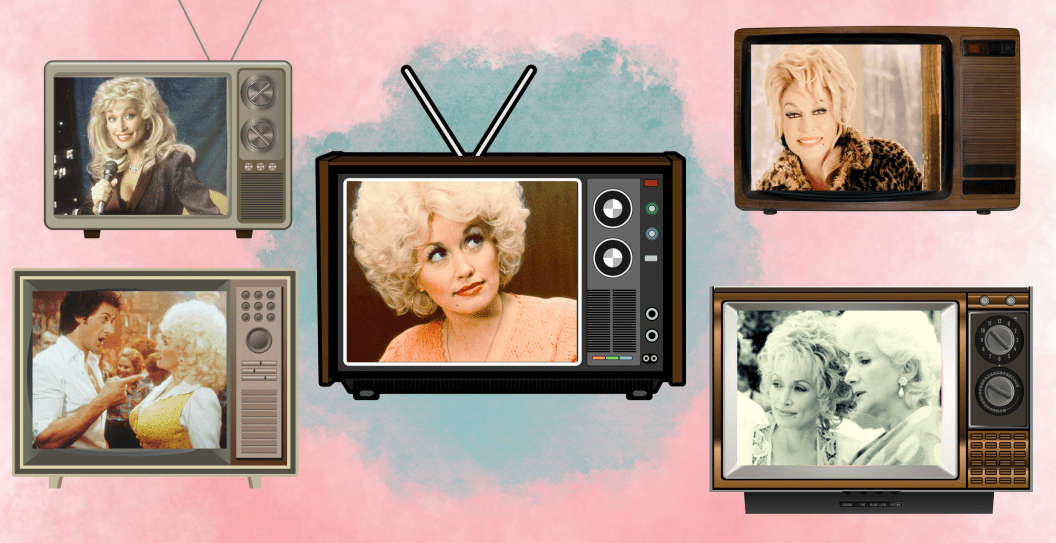 Clockwise from left: Sylvester Stallone points to Dolly Parton in a scene from the film 'Rhinestone', 1984. / Dolly Parton in "Straight Talk"/ Dolly Parton in "Christmas of Many Colors"/ Dolly Parton and Olympia Dukakis in "Steel Magnolias" Center: Dolly Parton in "9 to 5"