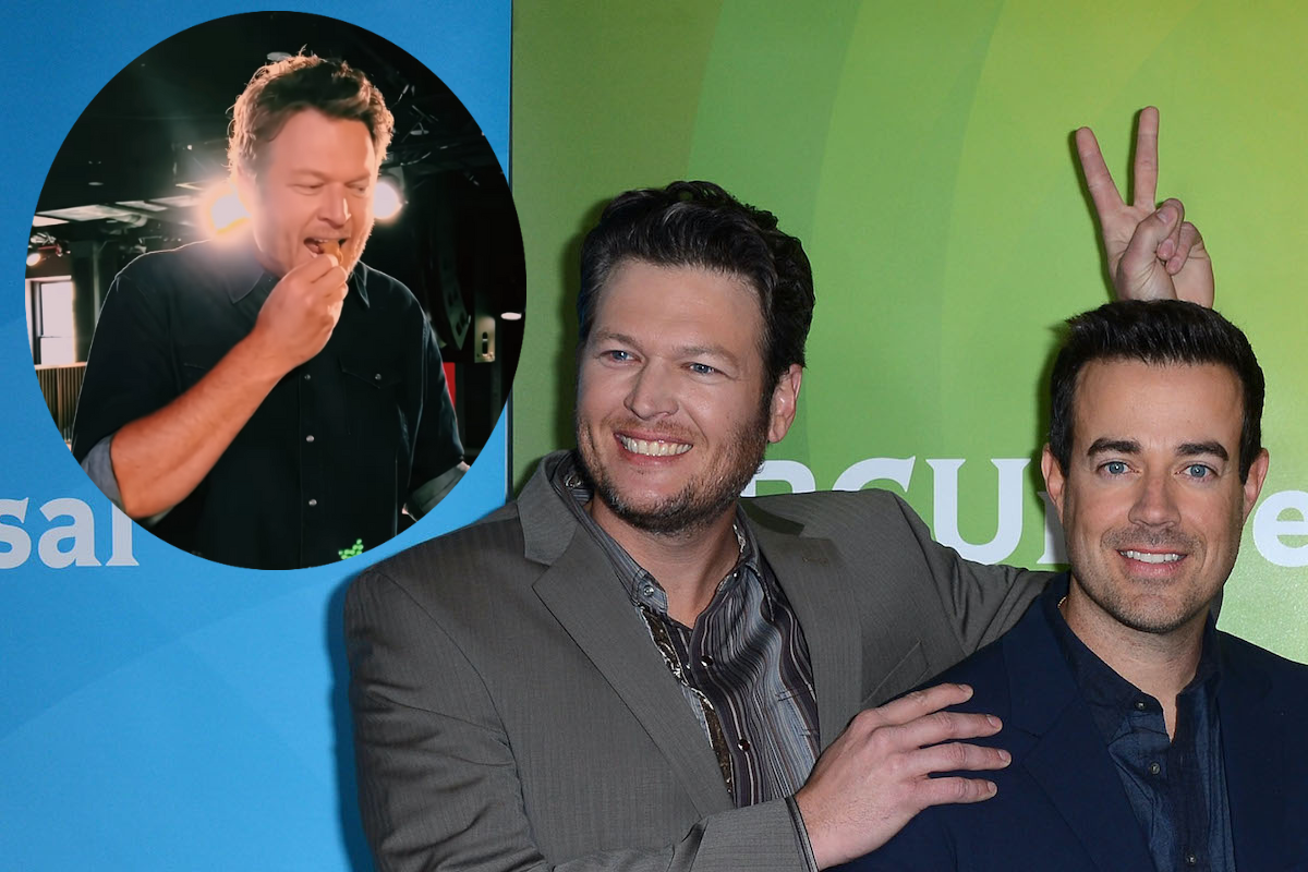 PASADENA, CA - JANUARY 06: Blake Shelton, Carson Daly and Adam Levine pose at the 2013 TCA Winter Press Tour NBC Universal Day 1 at The Langham Huntington Hotel and Spa on January 6, 2013 in Pasadena, California and screenshot from a social media video of Carson Daly serving Rocky Mountain oysters to Blake Shelton
