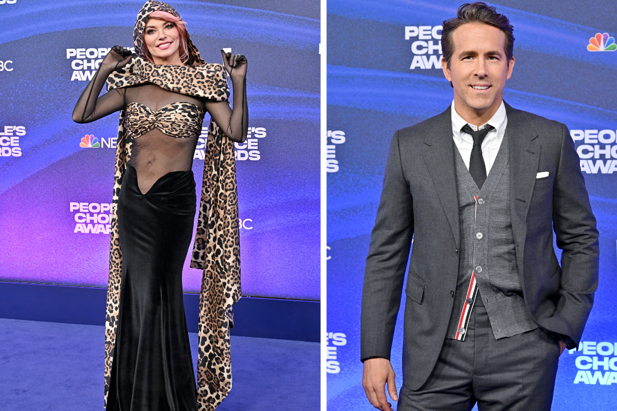 Shania Twain attends the 2022 People's Choice Awards at Barker Hangar on December 06, 2022 in Santa Monica, California / Ryan Reynolds attends the 2022 People's Choice Awards at Barker Hangar on December 06, 2022 in Santa Monica, California.