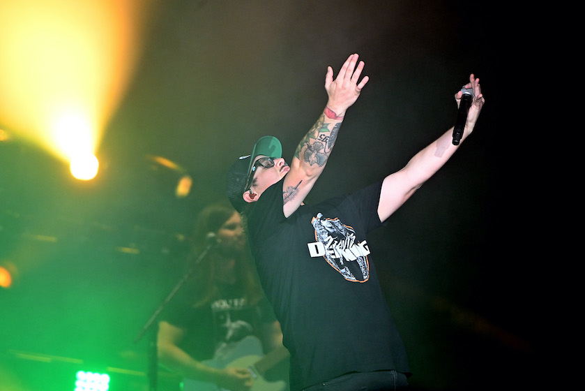 ATLANTA, GEORGIA - AUGUST 21: Recording artist Hardy performs in concert at Cellairis Amphitheatre at Lakewood on August 21, 2021 in Atlanta, Georgia.