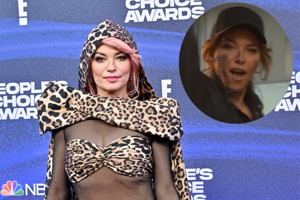 SANTA MONICA, CALIFORNIA - DECEMBER 06: Shania Twain attends the 2022 People's Choice Awards at Barker Hangar on December 06, 2022 in Santa Monica, California and screenshot from Twain's "Giddy Up!" music video