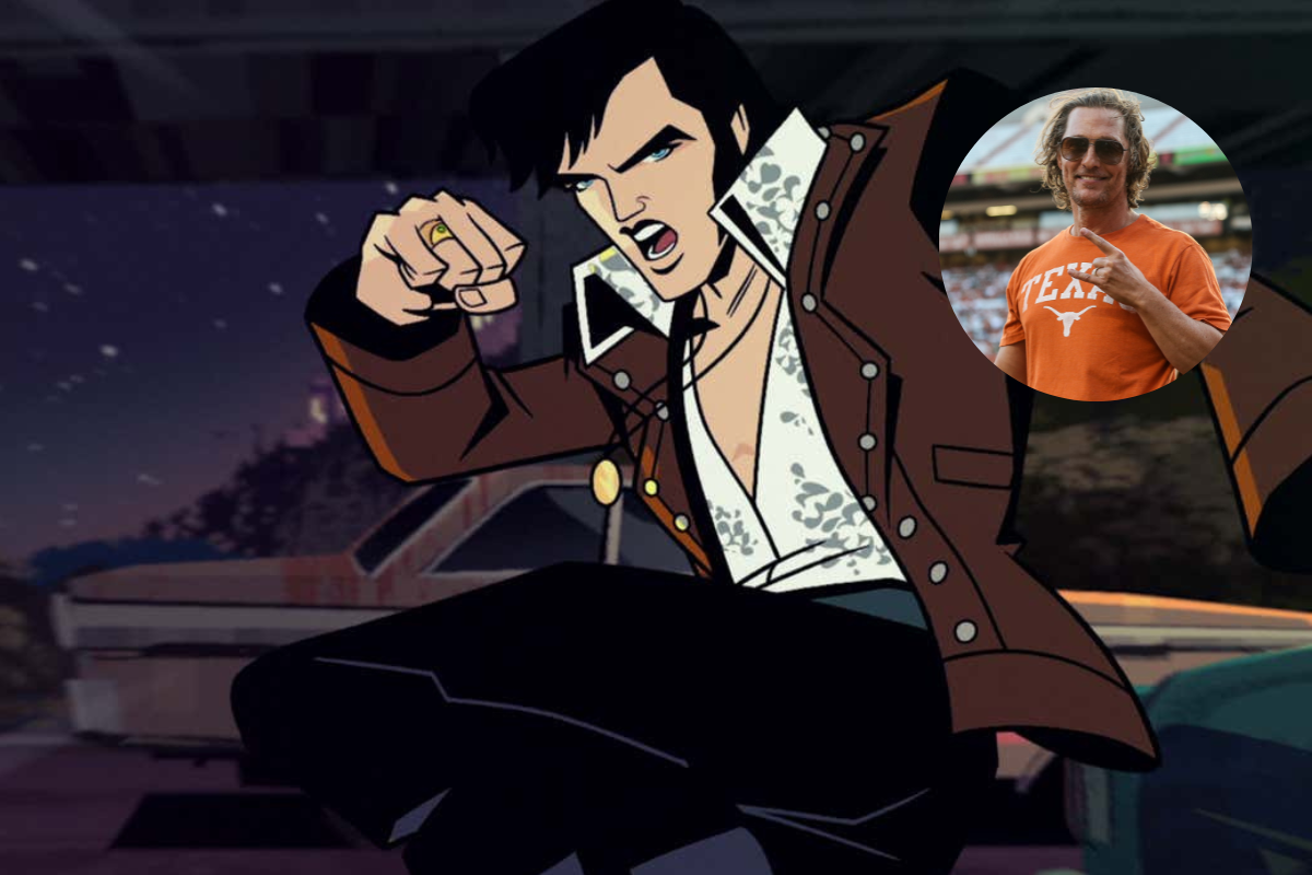 Scene from "Agent Elvis"/ Matthew McConaughey attends the Orange-White Spring Game at Darrell K Royal-Texas Memorial Stadium on April 23, 2022 in Austin, Texas. (Photo by Tim Warner/Getty Images)