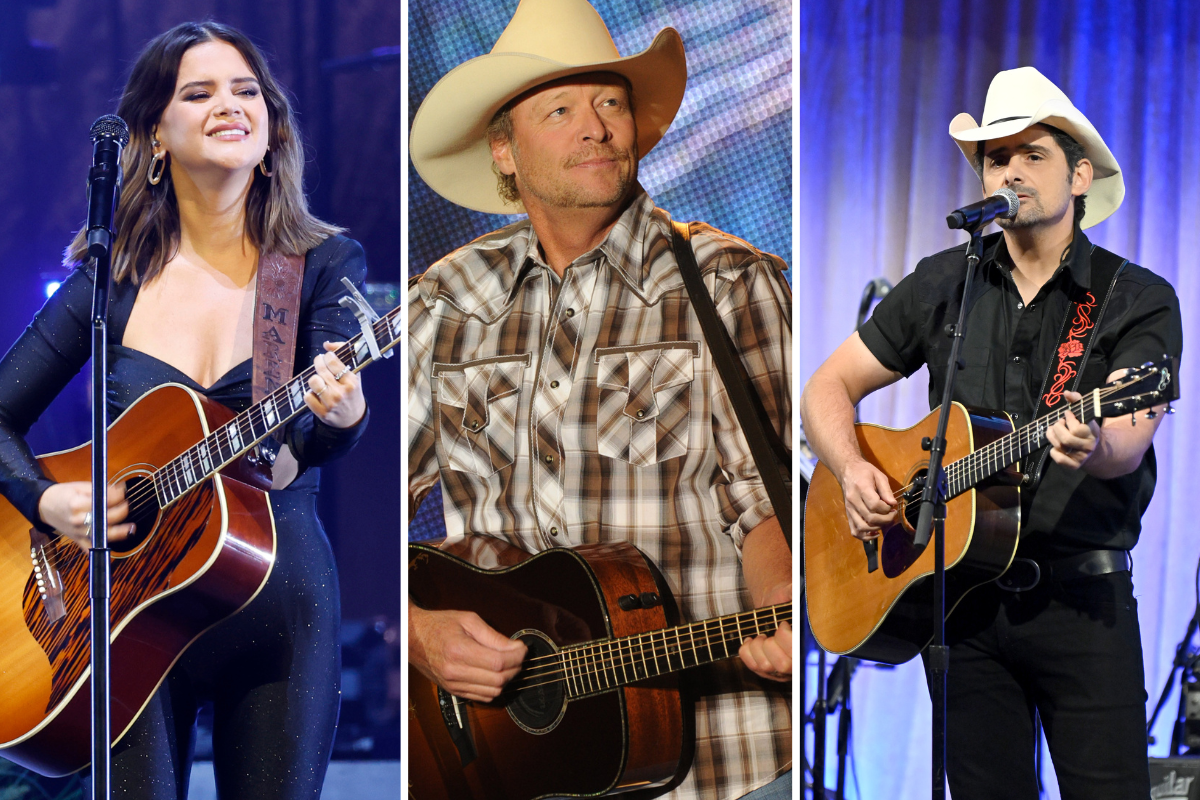 Maren Morris performs at Bridgestone Arena on December 02, 2022 in Nashville, Tennessee/ Alan Jackson performs on Day 4 of the 2012 Arizona Country Thunder Music Festival on April 15, 2012 in Florence, Arizona. / Brad Paisley performs onstage at the 2022 A Funny Thing Happened On The Way To Cure Parkinson's at Cipriani South Street on October 29, 2022 in New York City.