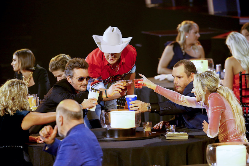 NASHVILLE, TENNESSEE - NOVEMBER 11: (FOR EDITORIAL USE ONLY) (L-R) Katherine Blasingame, Eric Church, Jon Pardi, Luke Combs and Nicole Hocking attend the 54th Annual CMA Awards at Music City Center on November 11, 2020 in Nashville, Tennessee. 